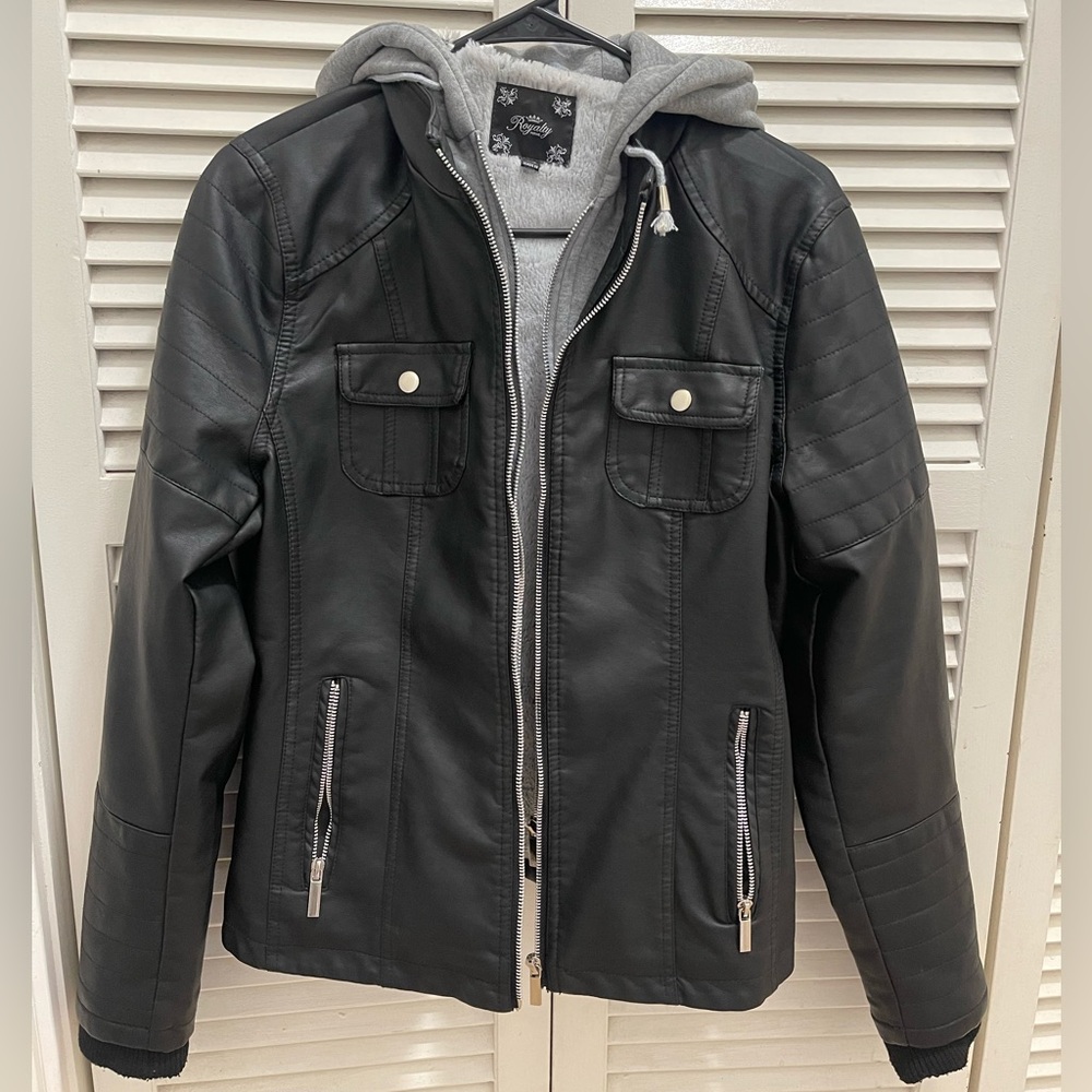 Faux leather jacket with removable hoodie